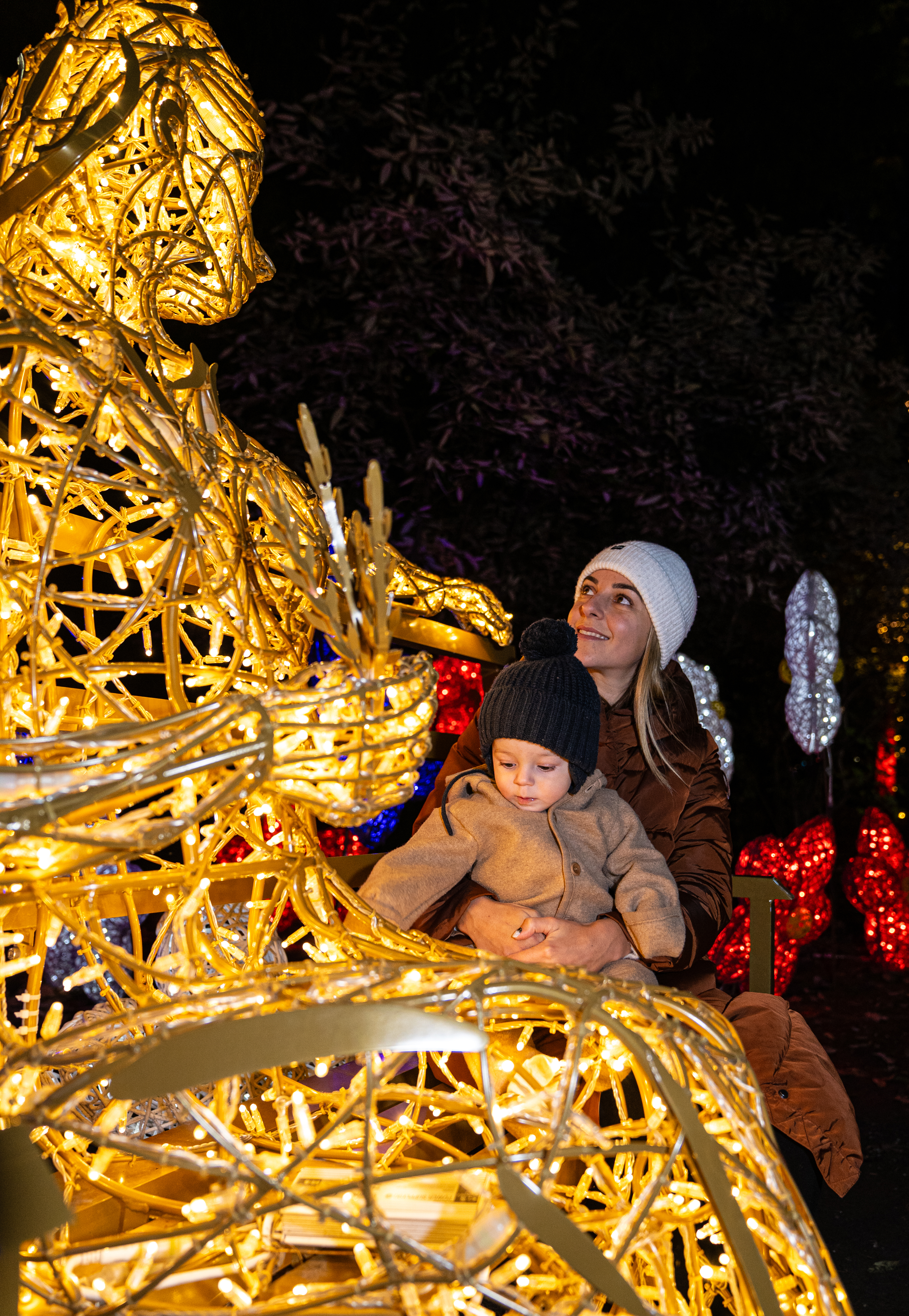 Themenpark bei Nacht mit LED-Beleuchtung, Lichtdesign von MK Illumination schafft emotionale Atmosphäre und immersives Erlebnis für Besucher.