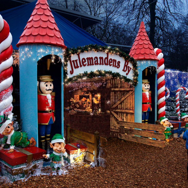 Fiberglass sculptures of Santa´s little helpers, reindeer and nutcrackers at the entrance to Santa´s workshop in the Tivoli Friheden theme park in the city of Aahrus, Denmark.