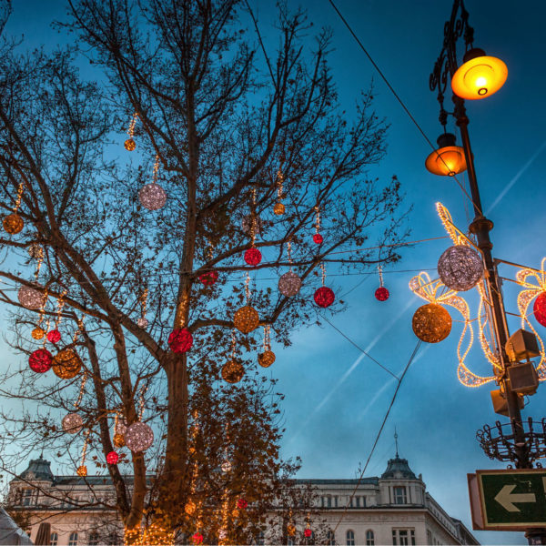 Tree with illuminated red, golden and silver organic balls and light motif consisting of the same organic balls on a light pole at a street in the city of Budapest, Hungary.
