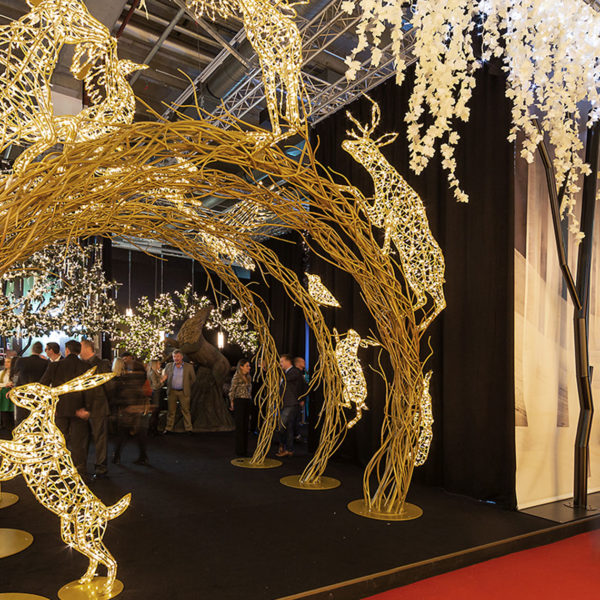 The booth of MK Illumination with the "Arch of life" light sculpture at Christmasworld 2019 trade fair in the city of Frankfurt, Germany.