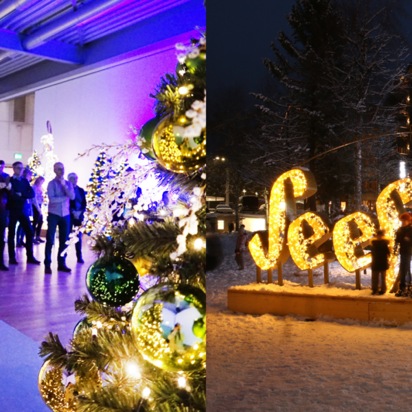 Picture composition of decorated christmas trees and light sculpture of a fox in front of people participating at the "Lichtwerkstatt" concept dissertation by MK Illumination and children in front of the light lettering logo of Seefeld for the FIS nordic ski world cup in the city of Seefeld, Austria.