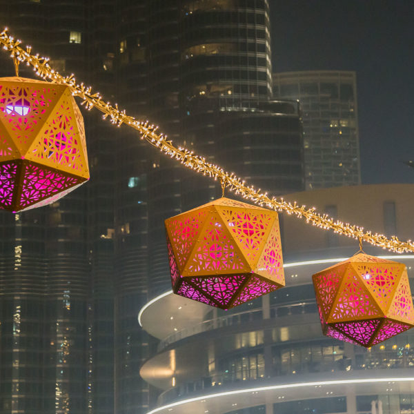 Close up of custom-designed color changing Fanous (lantern) at the shopping center Dubai Mall in the city of Dubai, United Arab Emirates.