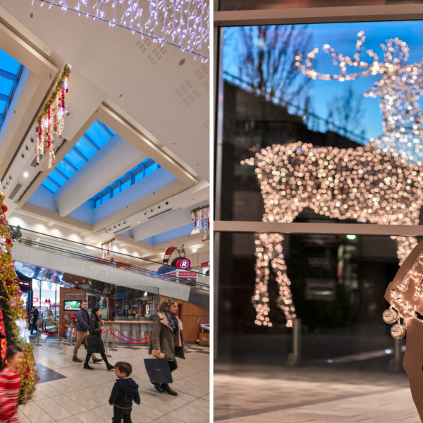 Picture composition of giant golden walkthrough able christmas tree and a mannequin with a dress made of christmas baubles in the shopping center Mahon Point Shopping Centre in the city of Cork, Ireland.