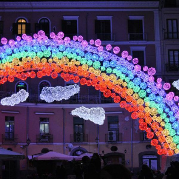 A rainbow made out of light balls for the light project "Luci d'Artista" in the city of Salerno, Italy.